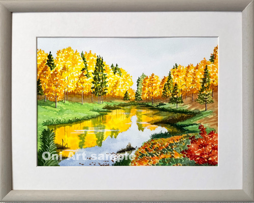 アクリル画 原画 「オータムパーク02」額縁付き F4サイズ 風景画