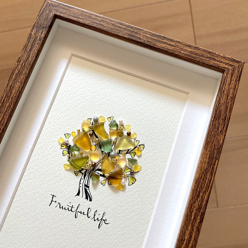 イチョウの木 シーグラス／天然石／フレームアート／壁掛け／額