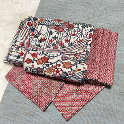 193号 半幅帯 正絹 リバーシブル 江戸紅型×鹿子総絞り 赤 ☆新品の