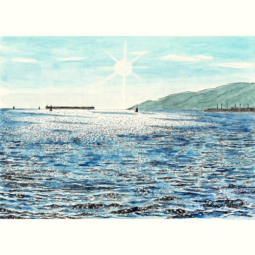 原画一点物 「輝く海」 ＜ペンスケッチ＋透明水彩＞ 絵画 Takashi.A