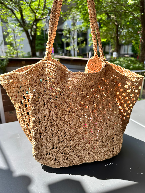 No.157 再販♪コットンラフィア模様編み大きめバッグ【受注制作