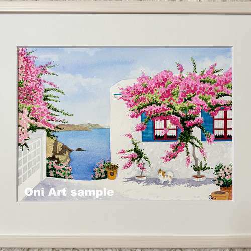エーゲ海とブーゲンビリア01」透明水彩画 原画 風景画 額縁付 F4サイズ