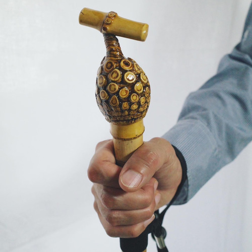 竹杖③_根頭曲がり 竹根鞭細工 漆塗り ねぶち 希少 国産 破竹根付