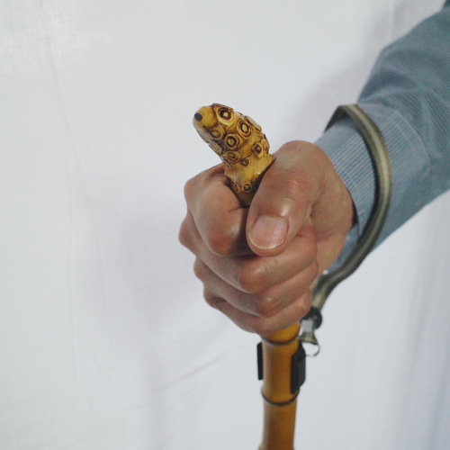 竹杖④_根頭曲がり 竹根鞭細工 漆塗り ねぶち 希少 国産 破竹根付