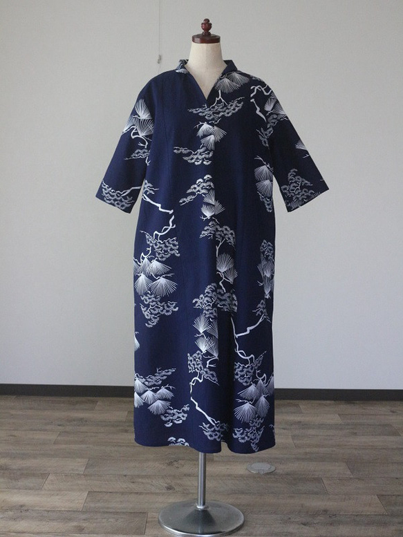 着物リメイク 松枝模様浴衣丸襟前後タックワンピース ワンピース