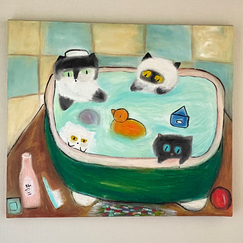 絵画。原画☆キャンバスF10【かわいい猫たちが一緒に香ばしいお風呂に