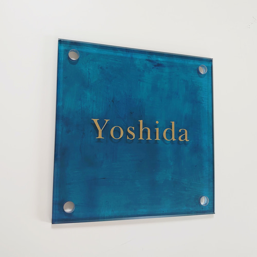 アクリル表札〘ターコイズ〙＊透明4辺45度斜めカット鏡面仕上げ・10