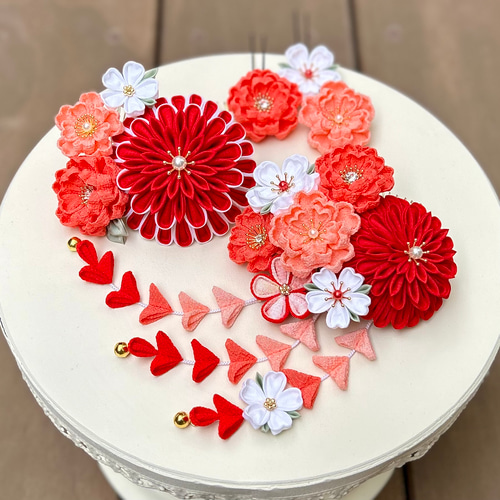 つまみ細工髪飾りset 赤×コーラルピンク 紅白 *七五三 *成人式 *卒業式