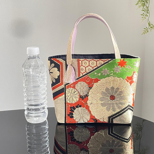 帯リメイクバッグ 金色の菊と牡丹と亀甲文様 ミニトートバッグ サブ