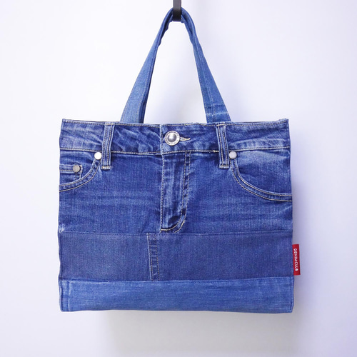 デニムトートバッグ リメイク生地 大容量 ハンドメイド リメイクデニム