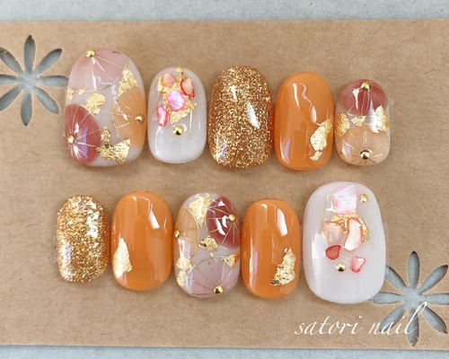 オレンジ和柄ネイルチップ 成人式 卒業式 結婚式 ブライダル ネイル
