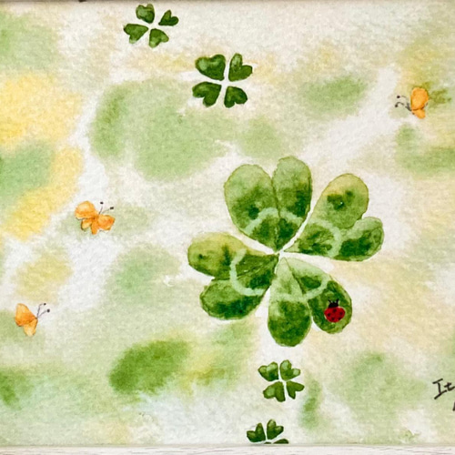 透明水彩画 A4ポスター「幸せの四つ葉のクローバー」イラスト