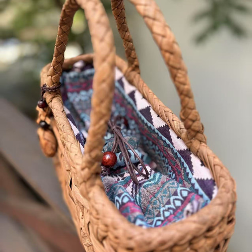 国産山葡萄 籠バッグ 内布付き 乱れ編み 巾着タイプ内布 台形 一番皮