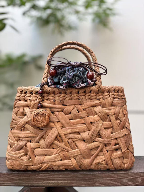 国産山葡萄 籠バッグ 内布付き 乱れ編み 巾着タイプ内布 台形 一番皮