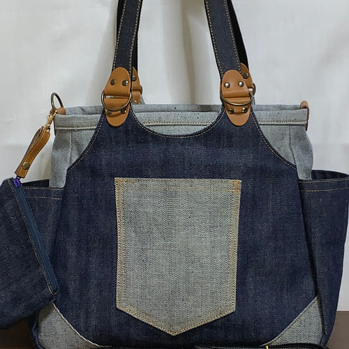 ☆ハンドメイド♪ ＊岡山デニム4way♪あおりバッグ ＊便利小物入れ