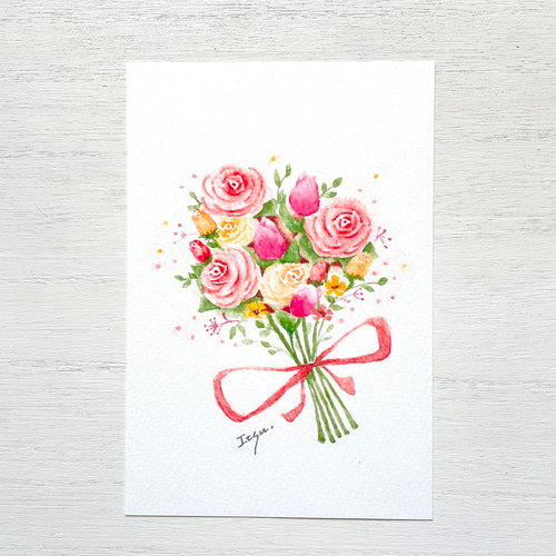 透明水彩画 バラのポストカード5枚セット 花 ばら 薔薇 チューリップ