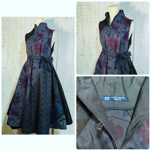 着物リメイク＊数種類の正絹大島紬で立ち襟テントラインワンピースM