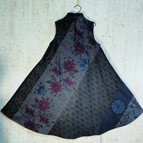 着物リメイク＊数種類の正絹大島紬で立ち襟テントラインワンピースM