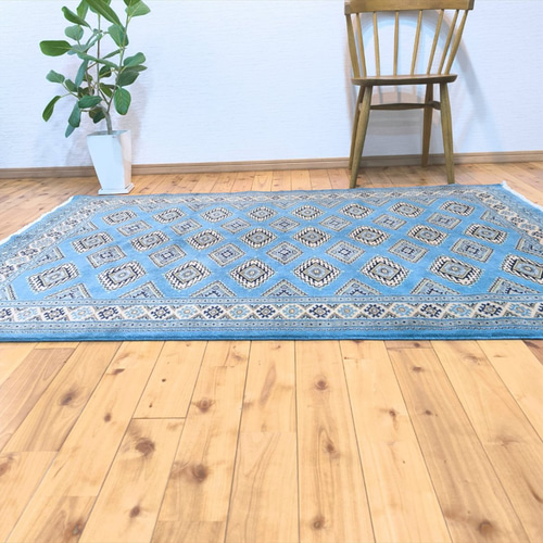 パキスタン絨毯 ラグ 183x126cm 軽くて畳める手織りラグ ライトブルー
