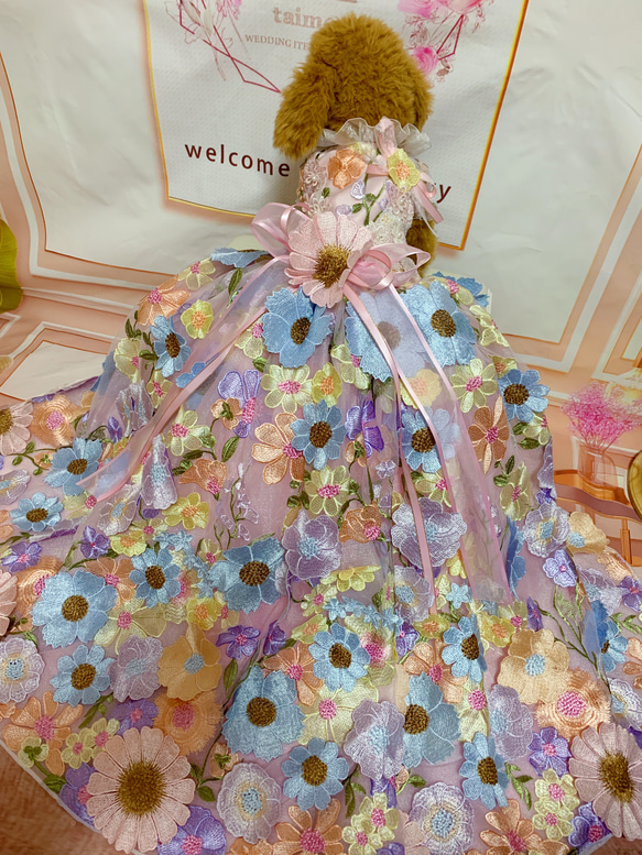 犬猫うさちゃん服 カラフルフラワーの3D立体ロング丈ドレス ペット服