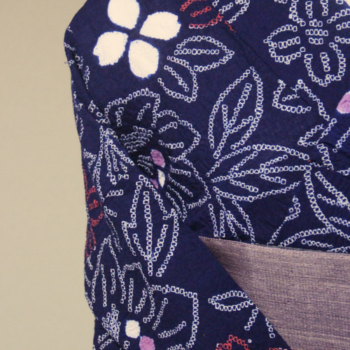 ◇現代 有松鳴海絞 浴衣◇【濃紺 紫赤】豪華な花々の小紋柄が小柄な方