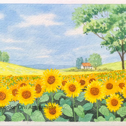 ひまわり畑04」透明水彩画 原画 風景画 額縁付 2Lサイズ 絵画 Oni