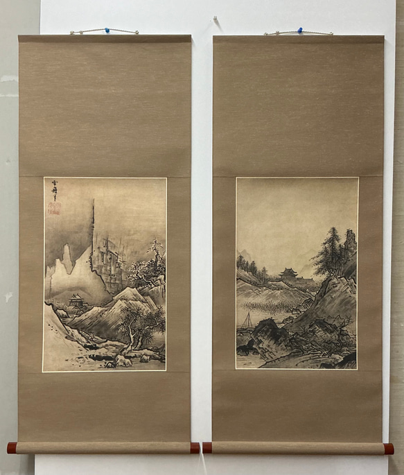 日本の名画 掛け軸 雪舟 秋冬山水図 双幅 その他インテリア雑貨 表具
