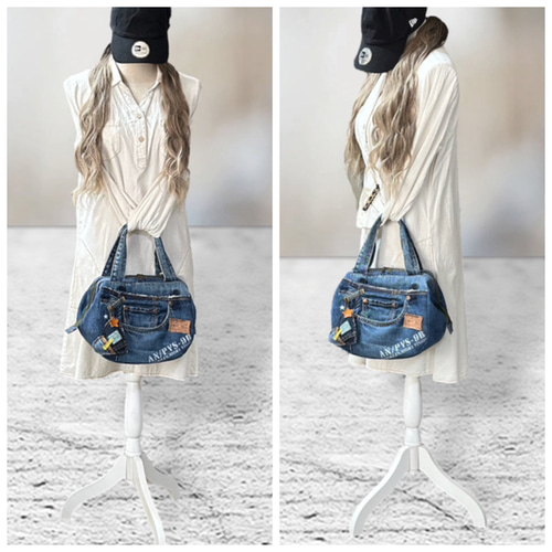 ☆デニムリメイク☆ワイヤー口金*ラウンドバッグ(大)❥ハンドメイド