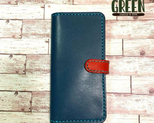 サイドポケット付き 栃木レザー ネイビー×レッド iPhoneケース