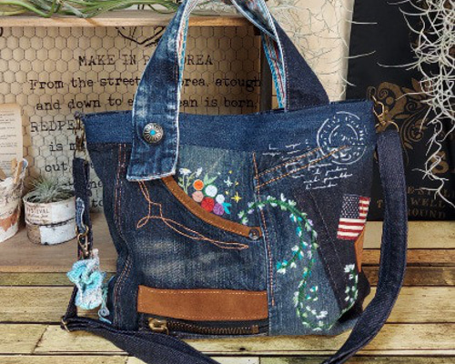 刺繍デニムショルダーバック No.518 ～ デニムリメイク リメイクバック