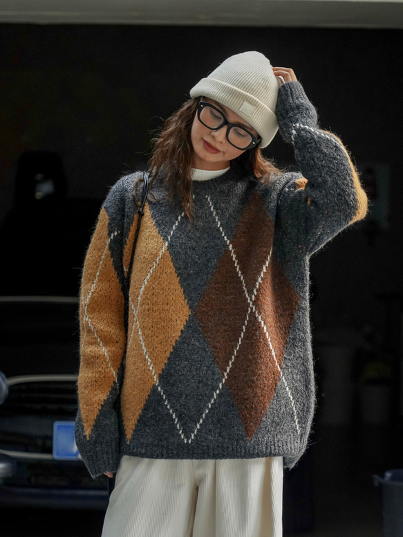 ヴィンテージ ひし形柄 3色パッチワーク ラウンドネック ゆったり