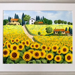 アクリル画 原画 「シロツメクサの咲くフィールド02」額縁付 F3