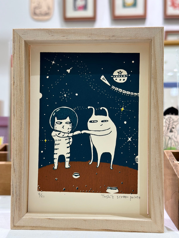 シルクスクリーン版画 宇宙ネコ 版画 はらっぱgarden* 通販 17931097