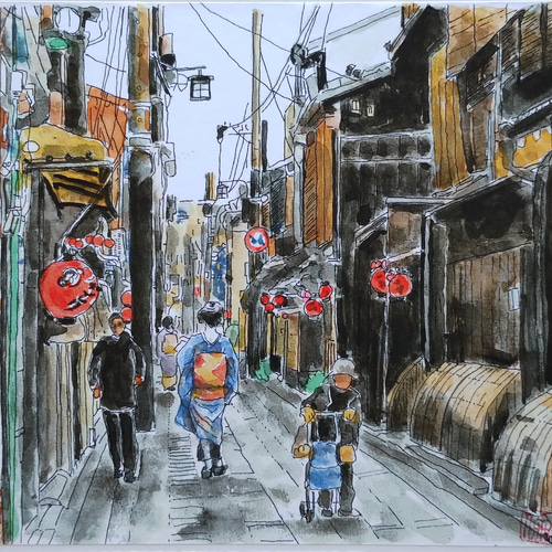 A4サイズ「 京町屋と舞妓さん」 京の水彩画工房 絵画 京の水彩画工房
