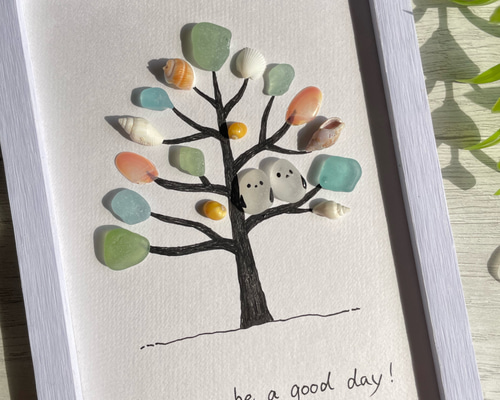 シーグラス シマエナガ ツリー 木に止まる鳥 シーグラスアート