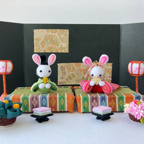 うさぎのお雛様フルセット①(ピンク) 保管ケーキ付き つまみ細工