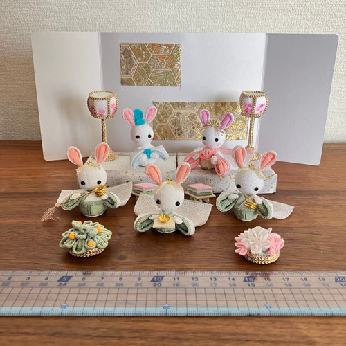 うさぎのお雛様フルセット③(ホワイト×ベージュ) つまみ細工 ちりめん