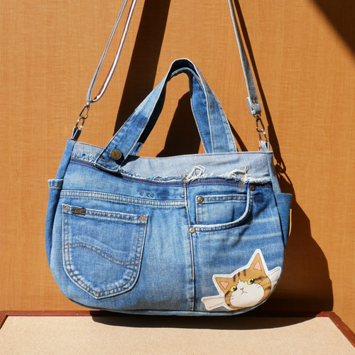 デニムリメイクバッグ（Lサイズ）マチ10 ファスナー付き ショルダー