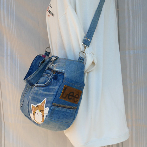 デニムリメイクバッグ（Lサイズ）マチ10 ファスナー付き ショルダー