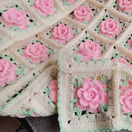 グラニースクエア ブランケット かぎ針編み 薔薇柄 大判 カーペット