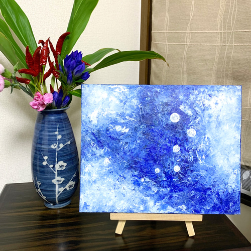 原画 油絵 光のすみか 光と水のアート 抽象画 F3号 ブルー×ホワイト