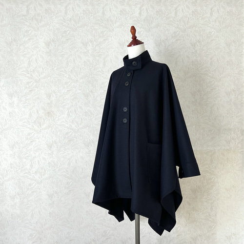 再販】ウール・スタンドカラー・ポンチョ風 コート✴︎ダークネイビー