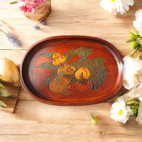 お盆 木製 楕円形 季節の果実を彫りこんだ讃岐彫 日常使い お盆