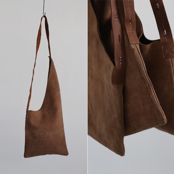 送料無料）最終SALE古布リメイク酒袋 柿渋染め手織り木綿 斜め掛け