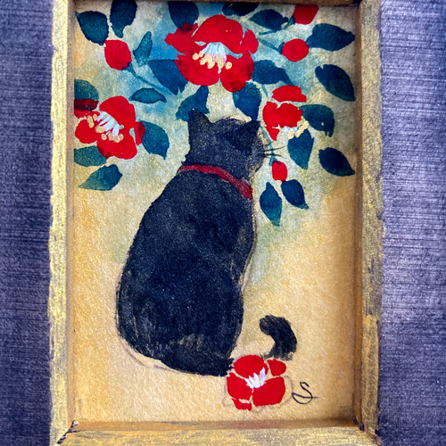 椿と黒猫③」 オリジナルフレーム入り /原画 猫の日2025 日本画 絵