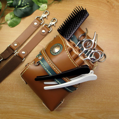 本革 ハンドメイド 9丁差し シザーケース (キャメル×ディープグリーン