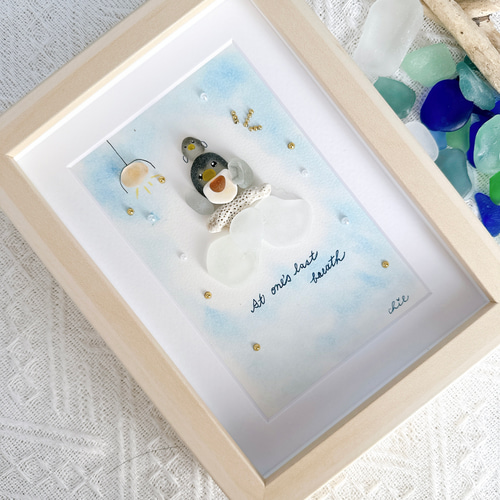 シーグラスアート no.47 『一息つかせて、、』ペンギン 親子 ママ 子供