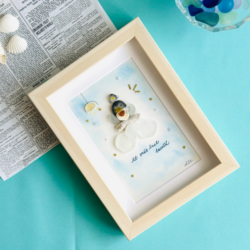 シーグラスアート no.47 『一息つかせて、、』ペンギン 親子 ママ 子供