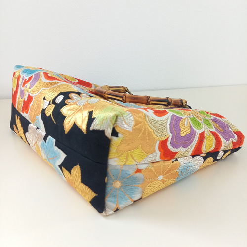 袋帯 帯リメイクバッグ バンブーハンドル 大きな花柄 トートバッグ