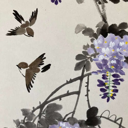 水墨画 藤 雀 花 絵画 掛け軸 絵画 こたつ 通販 18972321｜Creema